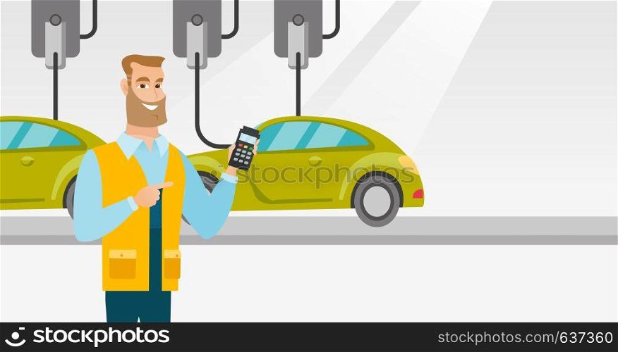 Caucasian worker of car factory. Young engineer at work on car factory. Worker controlling modern automated assembly line for cars. Car production. Vector flat design illustration. Horizontal layout.. Worker controlling automated assembly line for car