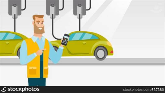 Caucasian worker of car factory. Young engineer at work on car factory. Worker controlling modern automated assembly line for cars. Car production. Vector flat design illustration. Horizontal layout.. Worker controlling automated assembly line for car