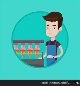 Caucasian worker of ice cream manufacture. Worker of factory producing ice-cream. Man working on production line of ice cream. Vector flat design illustration in the circle isolated on background.. Worker of factory producing ice-cream.