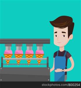 Caucasian worker of ice cream manufacture. Worker of factory producing ice-cream. Young confectioner working on automatic production line of ice cream. Vector flat design illustration. Square layout.. Worker of factory producing ice-cream.