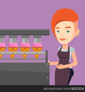 Caucasian worker of ice cream manufacture. Worker of factory producing ice-cream. Young confectioner working on automatic production line of ice cream. Vector flat design illustration. Square layout.. Worker of factory producing ice-cream.