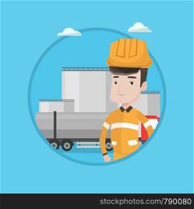 Caucasian worker of oil and gas industry. Confident refinery worker standing on background of fuel truck and oil refinery plant. Vector flat design illustration in the circle isolated on background.. Worker on background of fuel truck and oil plant.