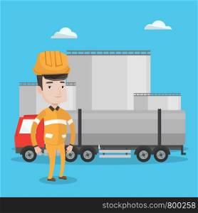 Caucasian worker of oil and gas industry. Refinery worker standing on the background of fuel truck and oil refinery plant. Man working at refinery plant. Vector flat design illustration. Square layout. Worker on background of fuel truck and oil plant.