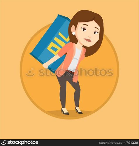 Caucasian worker of oil industry carrying barrel on back. Worker walking with oil barrel on back. Worker holding heavy oil barrel. Vector flat design illustration in the circle isolated on background.. Woman carrying oil barrel vector illustration.
