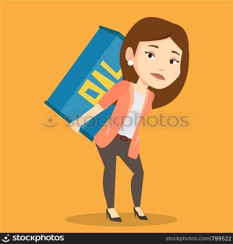 Caucasian worker of oil industry carrying barrel on her back. Female worker walking with oil barrel on her back. Female worker holding heavy oil barrel. Vector flat design illustration. Square layout.. Woman carrying oil barrel vector illustration.