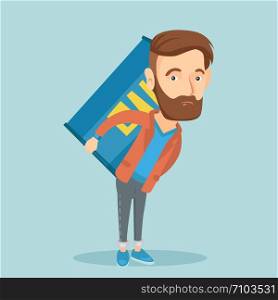 Caucasian worker of oil industry carrying barrel on his back. Hipster worker with beard walking with oil barrel on back. Man holding heavy oil barrel. Vector flat design illustration. Square layout.. Man carrying oil barrel vector illustration.