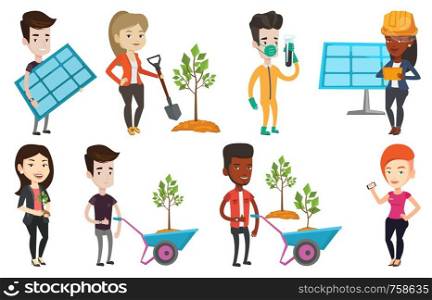 Caucasian worker of solar power plant holding solar panel. Young man standing with solar panel in hands. Solar energy concept. Set of vector flat design illustrations isolated on white background.. Vector set of characters on ecology issues.