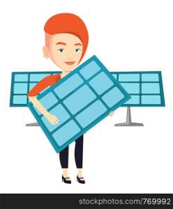 Caucasian worker of solar power plant holding solar panel. Woman with panel in hands standing on the background of solar power plant. Vector flat design illustration isolated on white background.. Woman holding solar panel vector illustration.