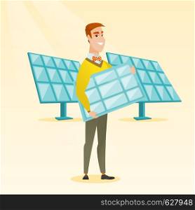 Caucasian worker of solar power plant holding solar panel in hands. Young man with panel in hands standing on the background of solar power plant. Vector flat design illustration. Square layout.. Man holding solar panel vector illustration.
