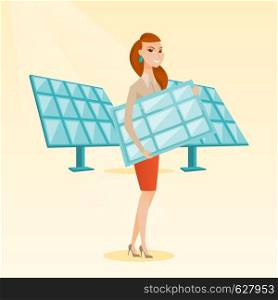 Caucasian worker of solar power plant holding solar panel in hands. Woman with solar panel in hands standing on the background of solar power plant. Vector flat design illustration. Square layout.. Woman holding solar panel vector illustration.