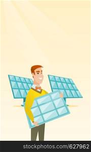 Caucasian worker of solar power plant holding solar panel in hands. Young man with panel in hands standing on the background of solar power plant. Vector flat design illustration. Vertical layout.. Man holding solar panel vector illustration.