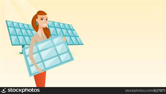 Caucasian worker of solar power plant holding solar panel in hands. Woman with solar panel in hands standing on the background of solar power plant. Vector flat design illustration. Horizontal layout.. Woman holding solar panel vector illustration.