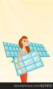 Caucasian worker of solar power plant holding solar panel in hands. Woman with solar panel in hands standing on the background of solar power plant. Vector flat design illustration. Vertical layout.. Woman holding solar panel vector illustration.