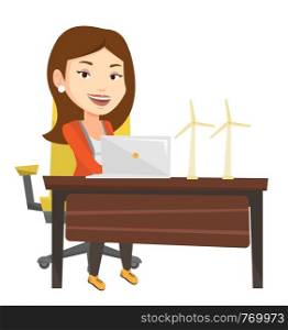 Caucasian worker of wind farm working on a laptop. Young engineer projecting wind turbine in office. Worker with model of wind turbine. Vector flat design illustration isolated on white background.. Woman working with model of wind turbines.