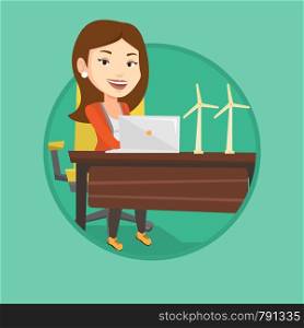 Caucasian worker of wind farm working on a laptop. Engineer projecting wind turbine. Smiling engineer with model of wind turbine. Vector flat design illustration in the circle isolated on background.. Woman working with model of wind turbines.