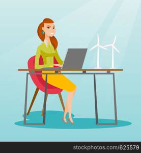 Caucasian worker of wind farm working on a laptop. Engineer projecting wind turbine in office. Worker of wind farm working with model of wind turbine. Vector flat design illustration. Square layout.. Woman working with model of wind turbines.