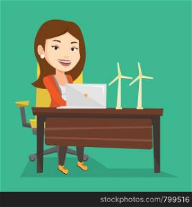 Caucasian worker of wind farm working on laptop. Engineer projecting wind turbine in office. Vector flat design illustration. Square layout.. Woman working with model of wind turbines.
