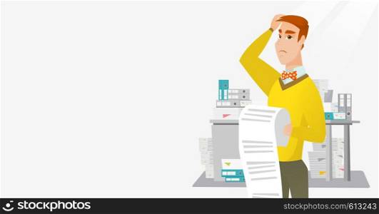 Caucasian worried business man standing with long bill in hands. Disappointed business man holding long bill. Businessman looking at long bill. Vector flat design illustration. Horizontal layout.. Business woman holding long bill.