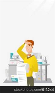 Caucasian worried businessman standing in office with long bill in hands. Disappointed businessman holding long bill. Businessman looking at long bill. Vector flat design illustration. Vertical layout. Business woman holding long bill.