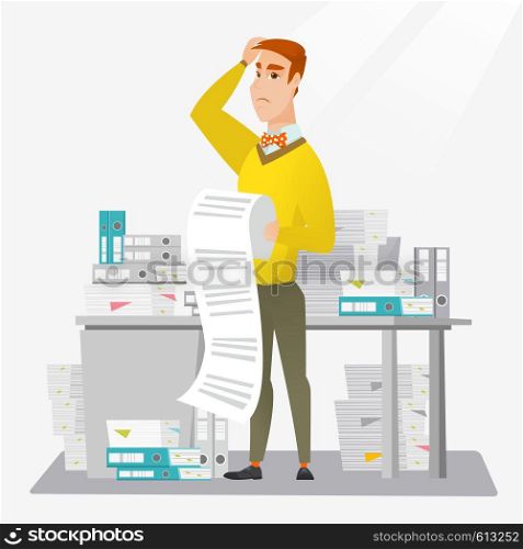 Caucasian worried businessman standing in office with long bill in hands. Disappointed businessman holding long bill. Businessman looking at long bill. Vector flat design illustration. Square layout.. Business woman holding long bill.