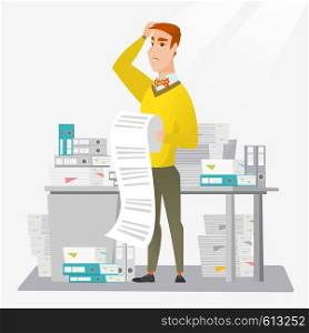 Caucasian worried businessman standing in office with long bill in hands. Disappointed businessman holding long bill. Businessman looking at long bill. Vector flat design illustration. Square layout.. Business woman holding long bill.