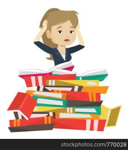 Caucasian worried student sitting in huge pile of books. Exhausted student preparing for exam with books. Stressed student reading books. Vector flat design illustration isolated on white background.. Student sitting in huge pile of books.