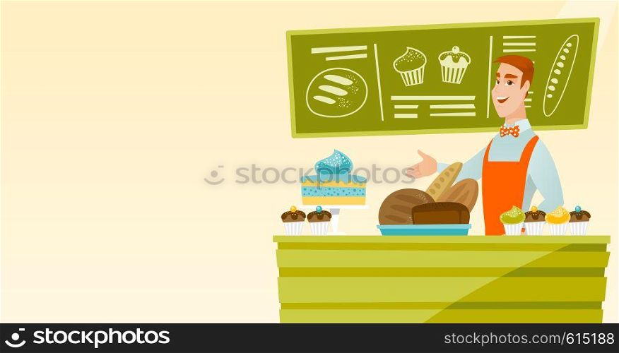 Caucasian young happy bakery owner offering pastry. Smiling bakery owner standing behind the counter with pastry. Cheerful man working at the bakery. Vector flat design illustration. Horizontal layout. Worker standing behind the counter at the bakery.