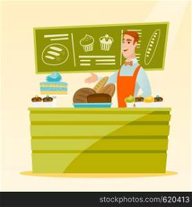 Caucasian young happy bakery owner offering pastry. Smiling bakery owner standing behind the counter with pastry. Cheerful man working at the bakery. Vector flat design illustration. Square layout.. Worker standing behind the counter at the bakery.