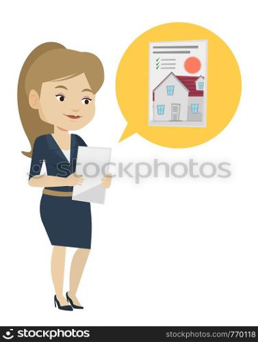 Caucasian young woman looking at photo of a house on a tablet computer. Woman seeking for an appropriate house on a tablet computer. Vector flat design illustration isolated on white background.. Woman looking for house vector illustration.