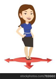 Caucasian young woman standing on three alternative career ways. Smiling woman choosing career way. Concept of career choices. Vector flat design illustration isolated on white background.. Woman choosing career way vector illustration.