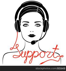 Caucasian young women in headphones with microphone and with red cable as a inscription, remote support concept vector outline