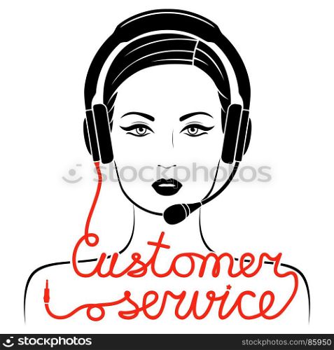 Caucasian young women in headphones with microphone and with red cable as a inscription, remote customer service concept vector outline