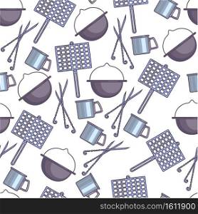 Cauldron and grill for cooking outdoors, picnic kitchenware for food preparation seamless pattern. Skewers and aluminum cups with handle. Pots and containers for dishes, vector in flat style. Kitchenware for cooking on picnic outdoors seamless pattern