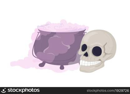 Cauldron and skull semi flat color vector item. Creepy decor. Realistic object on white. Spooky Halloween decoration isolated modern cartoon style illustration for graphic design and animation. Cauldron and skull semi flat color vector item