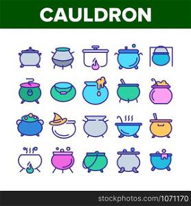 Cauldron Collection Elements Icons Set Vector Thin Line. Cauldron On Flame Campfire And With Bubbles, With Foam And Witch Hat Concept Linear Pictograms. Color Illustrations. Cauldron Collection Elements Icons Set Vector