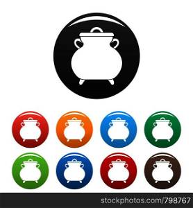 Cauldron kettle icons set 9 color vector isolated on white for any design. Cauldron kettle icons set color