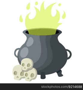 Cauldron of magic potion. Green smoke from pot. Pile of Skull and attribute of witch and sorcerer. Halloween decorations. Cartoon flat illustration. Poisonous elixir. Cauldron of magic potion. Green smoke from pot.