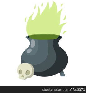 Cauldron of magic potion. Green smoke from pot. Pile of Skull and attribute of witch and sorcerer. Halloween decorations. Cartoon flat illustration. Poisonous elixir. Cauldron of magic potion. Green smoke from pot.