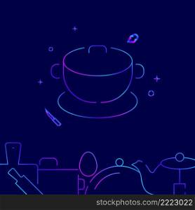 Cauldron on a tray gradient line vector icon, simple illustration on a dark blue background, kitchen related bottom border.. Cauldron on a tray gradient line icon, vector illustration