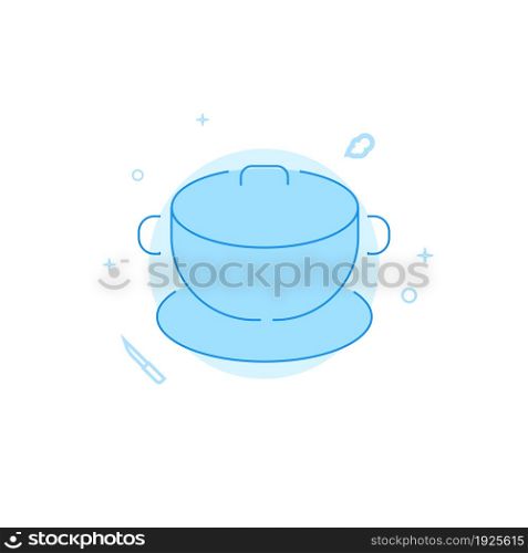 Cauldron on a tray vector icon. Kitchen utensil. Flat illustration. Filled line style. Blue monochrome design. Editable stroke. Adjust line weight.. Cauldron on a tray flat vector icon. Kitchen utensil. Filled line style. Editable stroke