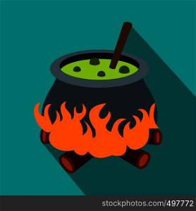 Cauldron with green potion flat icon with shadow on blue background. Cauldron with green potion flat icon