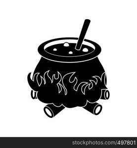 Cauldron with potion icon. Black simple style. Cauldron with potion icon