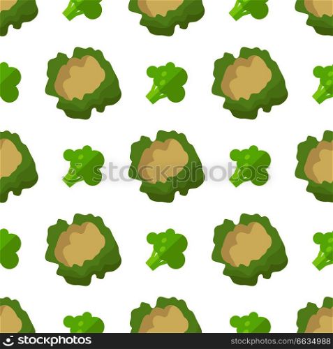 Cauliflower and broccoli seamless pattern isolated on white background. Endless texture with healthy green vegetables vector illustration. Cauliflower and Broccoli Seamless Pattern Isolated