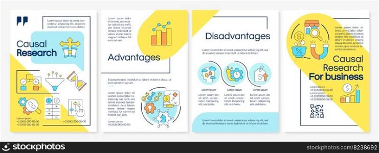 Causal research blue and yellow brochure template. Marketing c&aign. Leaflet design with linear icons. Editable 4 vector layouts for presentation, annual reports. Questrial, Lato-Regular fonts used. Causal research blue and yellow brochure template