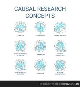 Causal research turquoise concept icons set. Study market for business development idea thin line color illustrations. Isolated symbols. Editable stroke. Roboto-Medium, Myriad Pro-Bold fonts used. Causal research turquoise concept icons set