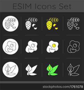 Cause of allergic reaction dark theme icons set. Cedar and pine tree pollen. Spathiphyllum as common allergen. Linear white, solid glyph and RGB color styles. Isolated vector illustrations. Cause of allergic reaction dark theme icons set
