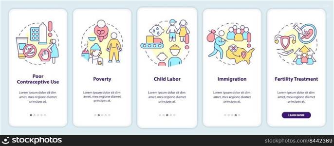 Causes of overpopulation onboarding mobile app screen. Reasons walkthrough 5 steps editable graphic instructions with linear concepts. UI, UX, GUI template. Myriad Pro-Bold, Regular fonts used. Causes of overpopulation onboarding mobile app screen