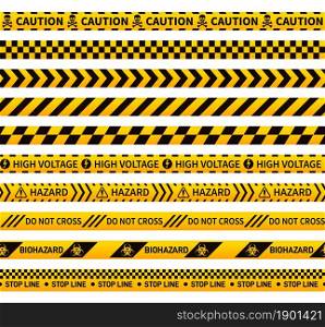 Caution ribbons. Construction tape, black yellow forensic seamless pattern sign. Warning hazard, isolated security striped banner. Police zone exact vector symbol. Illustration danger tape ribbon. Caution ribbons. Construction tape, black yellow forensic seamless pattern sign. Warning hazard, isolated security striped banner. Police zone exact vector symbol