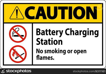 Caution Sign Battery Charging Station, No Smoking Or Open Flames