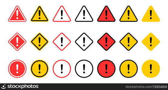 Caution signs collection. Symbols danger. Exclamation mark icon. Caution and warning signs, isolated on white background. Caution, danger and warning signs